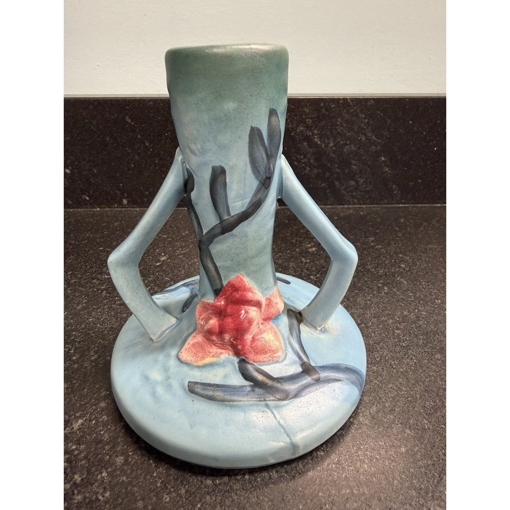 Roseville Pottery 1157 Blue Magnolia Candlestick 5.5" Double Handle Vintage